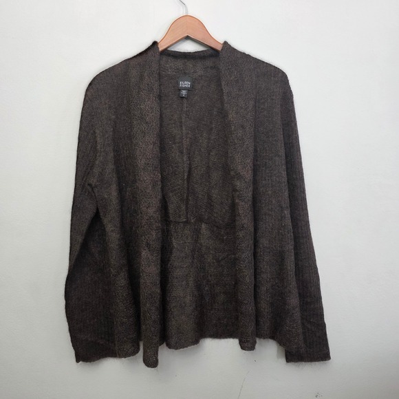 Eileen Fisher‎ Mohair Wool Blend Cardigan Sweater Knit Open Front Dark Brown M - Picture 2 of 8